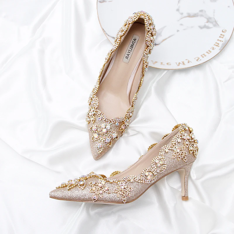 

Autumn winter party shoes champagne golden bride shoes colorful rhinestone adult fairy shoes pointed stiletto heels