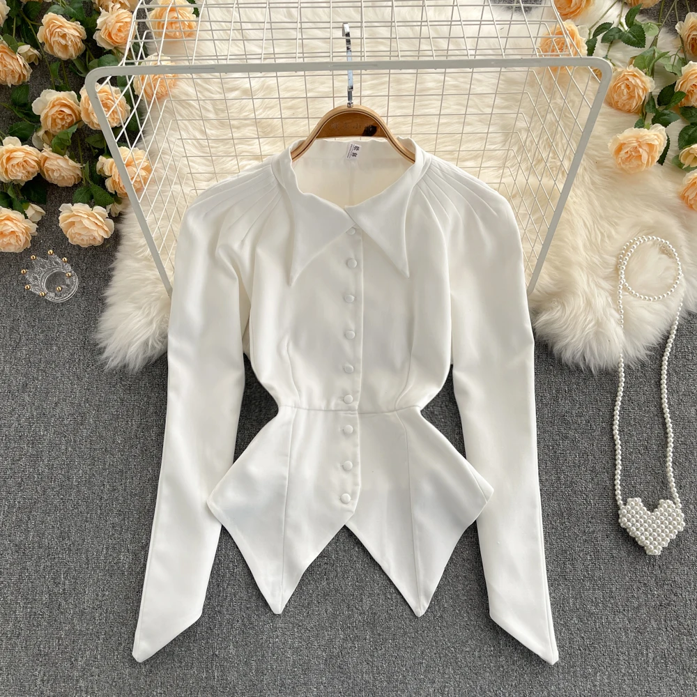 

Шикарная рубашка B929, женская новая модная Осенняя тонкая однобортная Асимметричная блузка в западном стиле, топы белого и черного цветов с ...