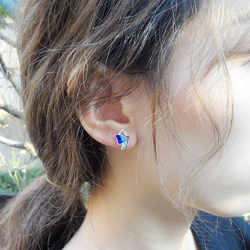 Женские серьги из серебра 999 пробы с синей бабочкой |