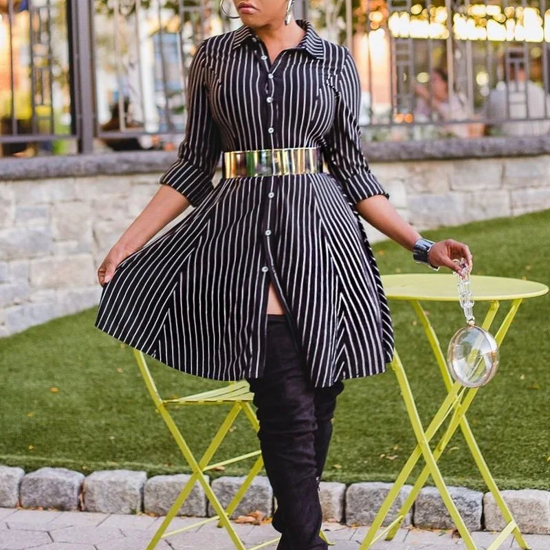 

Women Fashion Striped Colorblock long Sleeve Ruffles Shirt Dress