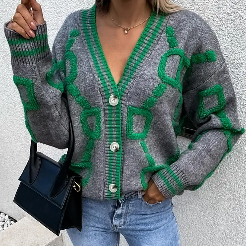 

2021 for woman green striped pink knitted button lady cardigans loose v-neck sweaters casual winter knitted coat fashion