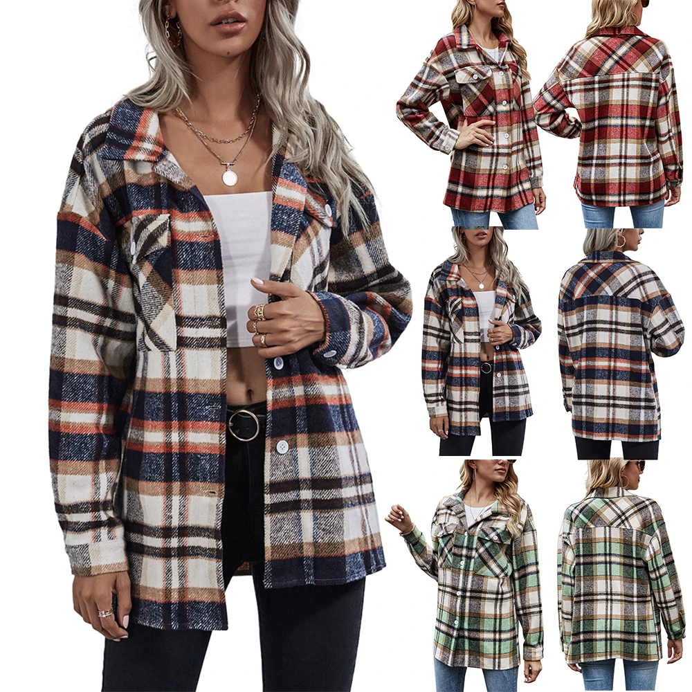 

Womens Spring Autumn Plaid Printed Lapel Button Coat Tops Jacket Casual Streetwear Fashion Long Sleeve Outwear