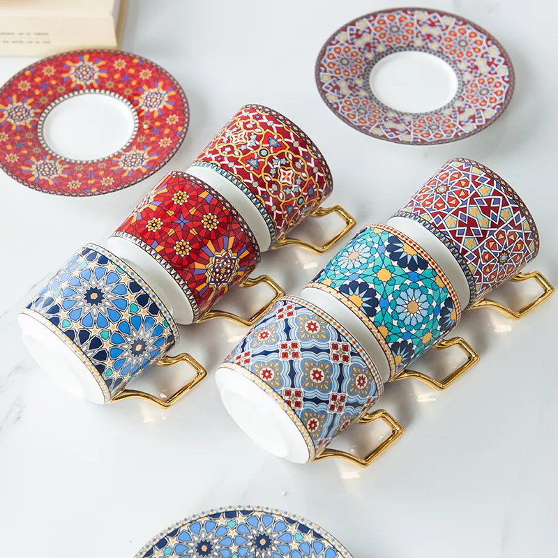 

Moroccan Style Coffee plate and porcelain cup set, suitable for family kitchen, office beverage accessories, wedding gifts