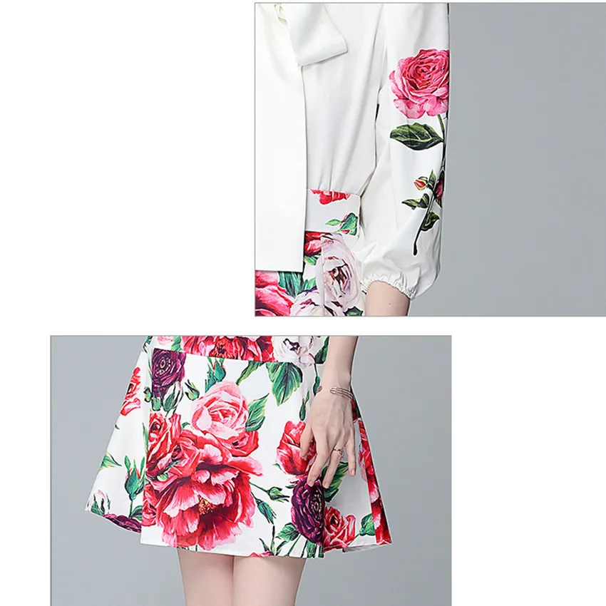 

2021 European Fashion Elegant Two Piece Skirt Set Women Puff Sleeve Floral Print Blouse Tops + Mini Skirts Womens Outfit