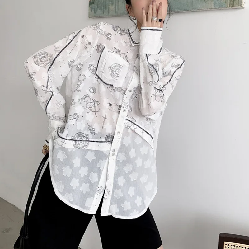 

DEAT Women White Printing Pockets Chiffon Blouse New Turn-down Collar Long Sleeve Slim Fit Shirt Fashion Tide Summer 2021 7E369