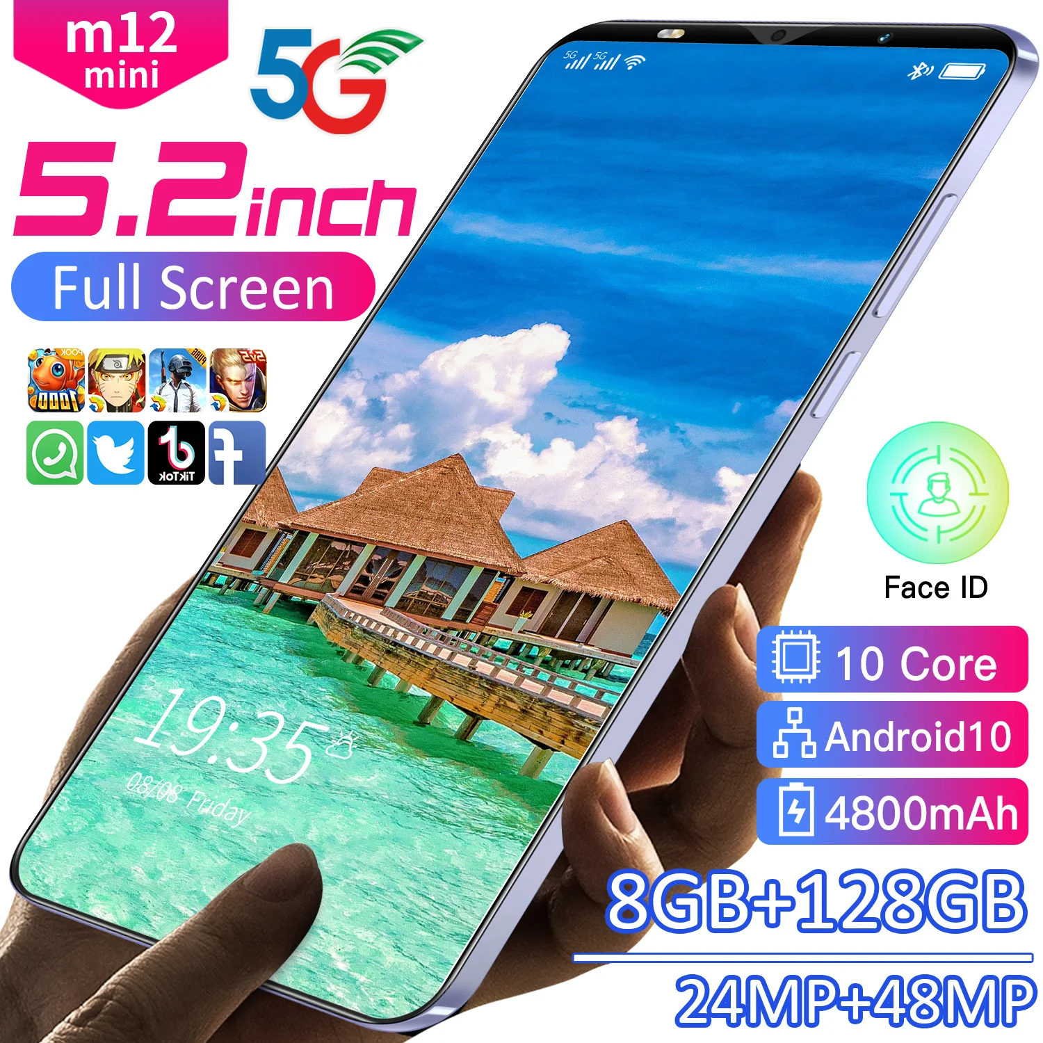 

Global Version M12 Mini 5G Mobile Phone 5.2Inch 24MP+48MP MT6595 10Core 4800MAH 8+128GB Face ID Dual SIM Card Android 10.0