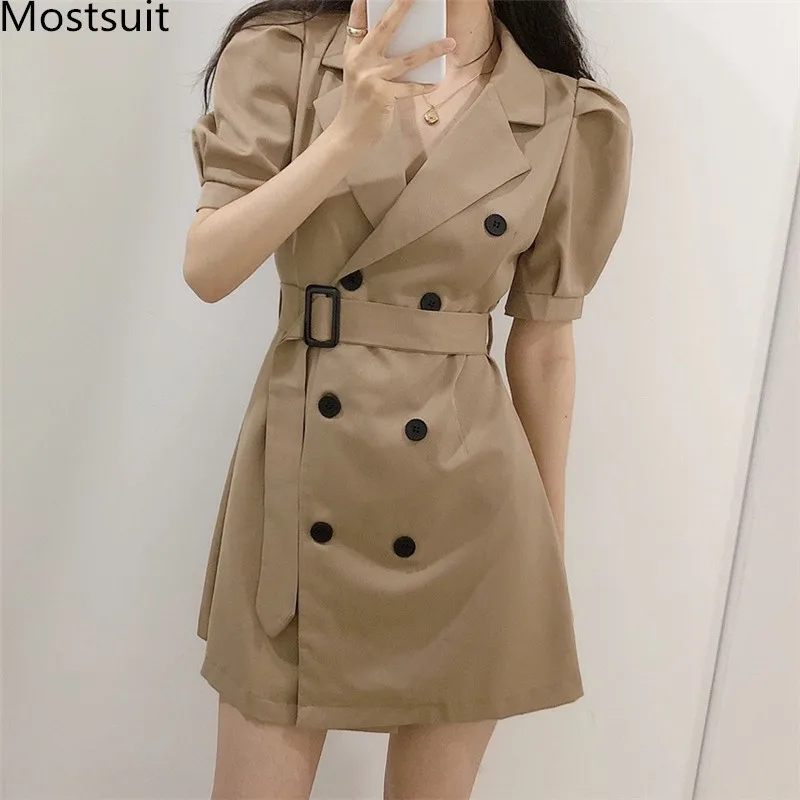 

2022 Summer Korean Vintage Double-breasted Suit Dress Women Puff Sleeve Notched Collar Belted Mini Dresses Fashion Solid Vestido