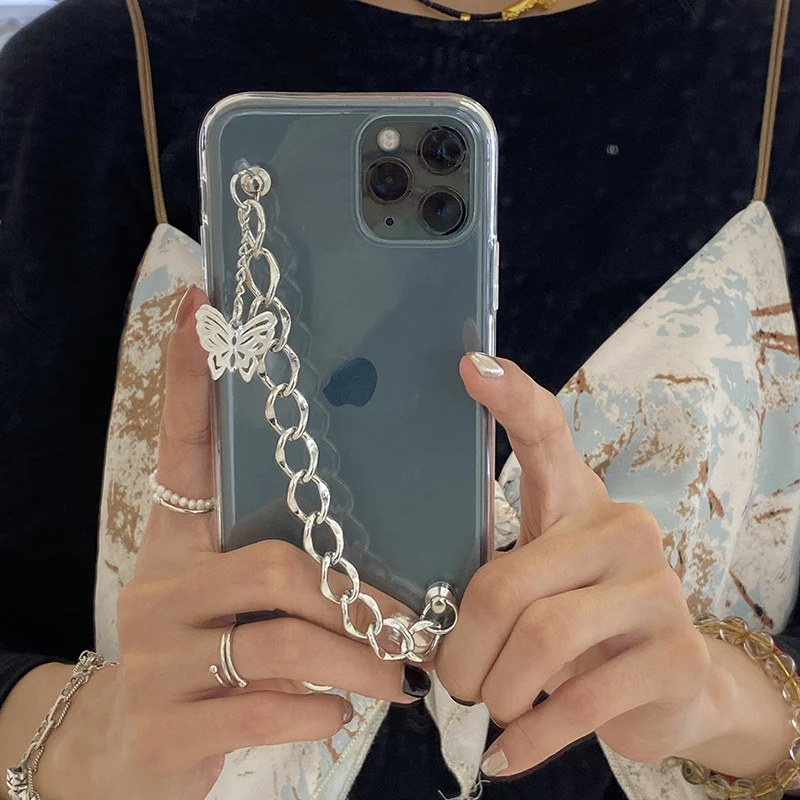 

Butterfly Chain Phone Case For iphone 12 Pro Mini 11 por max Soft Fashion Bracelet Clear Protective Cover
