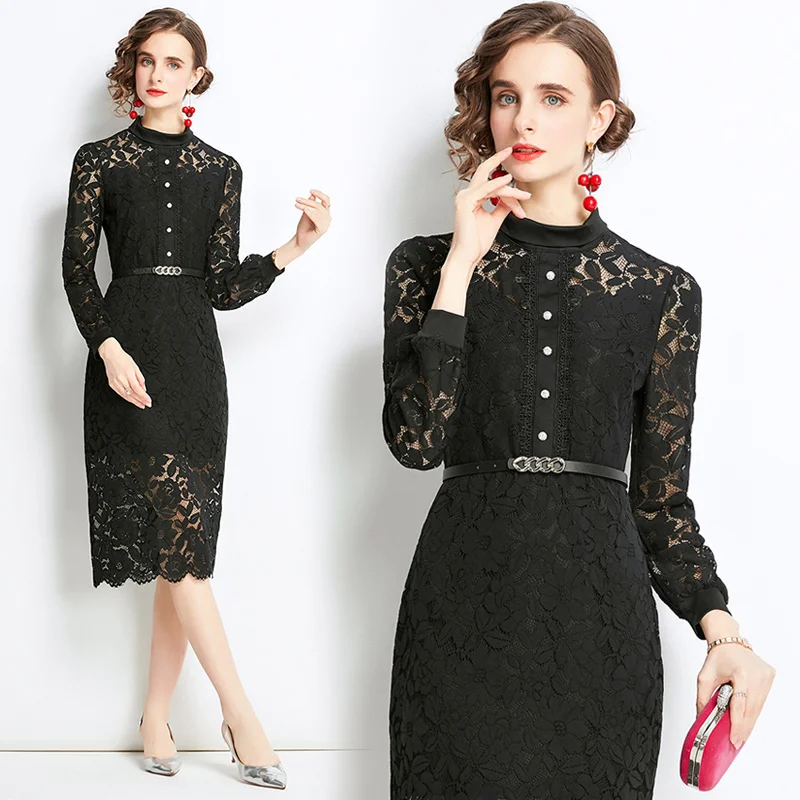 

Simgent Black Lace Dress Women Stand Collar Long Sleeve Buttons Knee Length Elegant Slim Dresses With Belt Vestidos SG110091