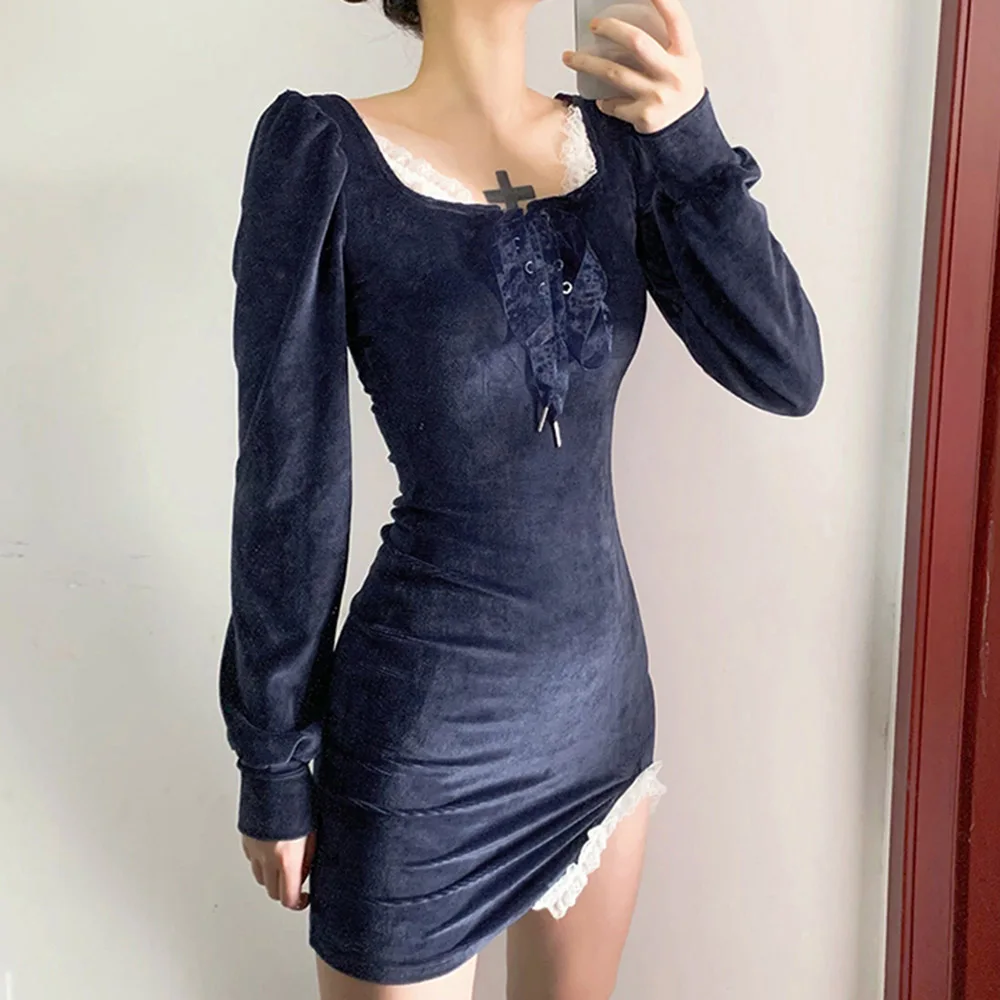 

Gothic Women Dress Spring Autumn Fashion Hipster Temperament Retro Sexy Lace Split Bandage Square Collar Puff Sleeve 2021