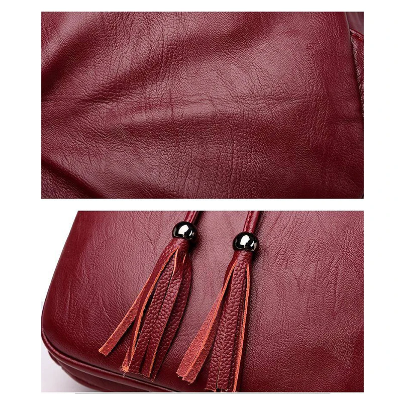 

New Tassel Quality Pu Leather Backpack Women Drawstring Bag Black Red Soft Solid Backpack Female Youth Bagpack for Teenage Girls