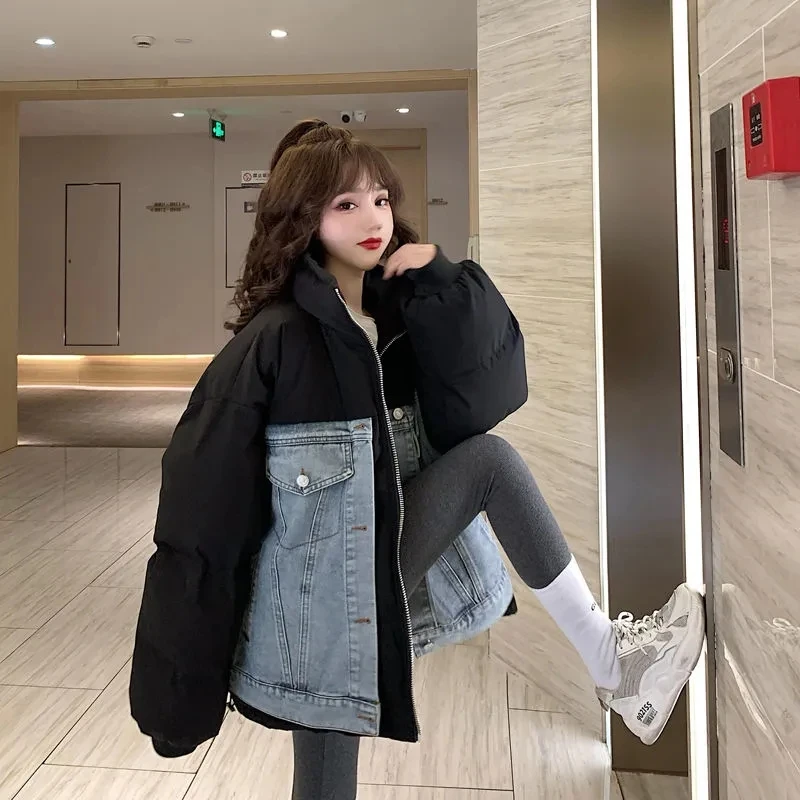 

2021 Winter New Women's Parkas Thicken Denim Jacket Stitching Plus Cotton Coat Female Korean Warm Student Loose Outerwear Womens