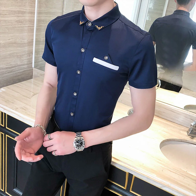 

Korean 2021 Summer Men Short Sleeve Shirt Slim Shirt S-5xl Luxury Simple Business Dress Social Club Outfits Mens Casual Shirts