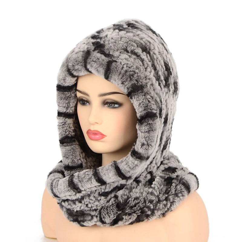 Gray-black stripes Женская шапка, новинка, вязаный Настоящий мех кролика, шапка с капюшоном, шарф, зимние шапки для женщин, шапка, теплая, натуральный мех, шапка с шеей, шарфы - Цвет: Gray-black stripes