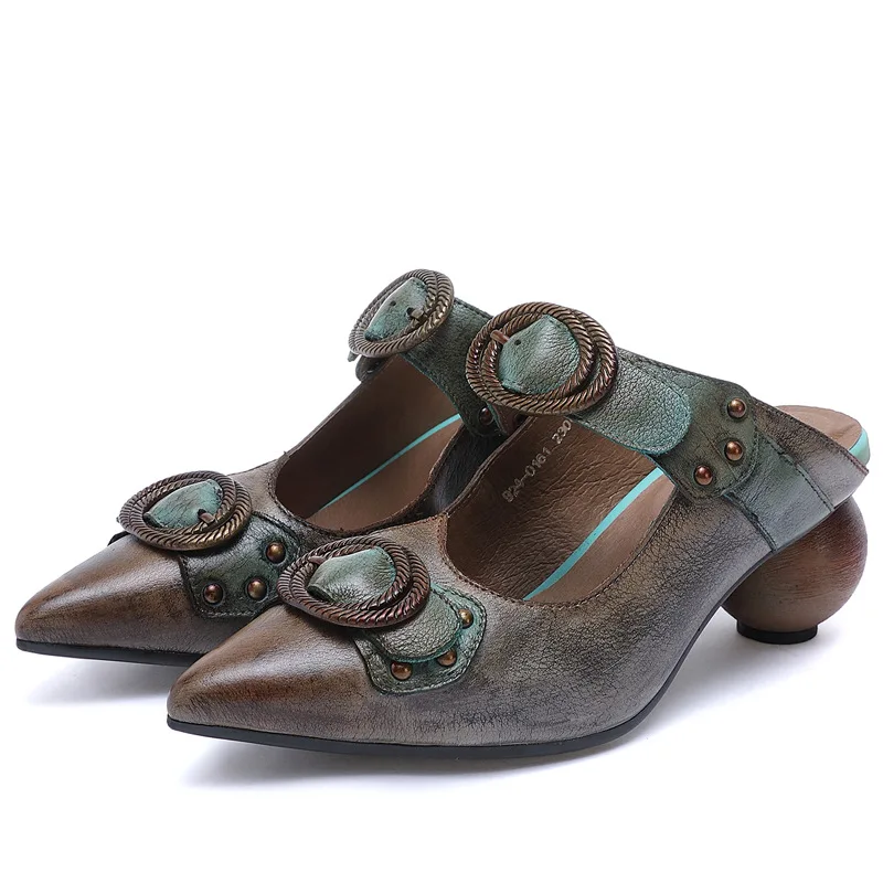 

Women Slippers Summer Shoes 2021 New Woman Casual Genuine Leather Outside Slides Retro Metal Decoration Handmade Ladies Slippers