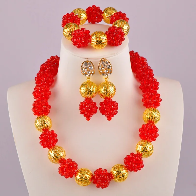 

graceful red crystal bead african wedding beads nigerian necklace jewelry set 1-6JSQ-06