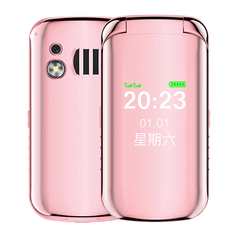 Pink Двойной дисплей Флип Мобильный телефон для пожилых камера большая клавиатура один ключ фонарь Супер светильник Dual Sim легко работает док-станция - Цвет: Pink