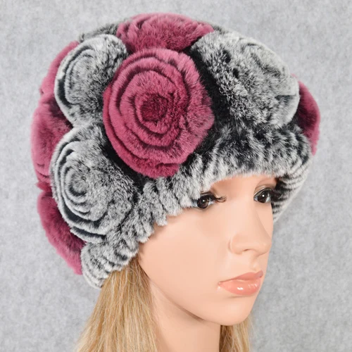 gray and rose red Горячая Распродажа зимние женские вязаные натуральный настоящий мех кролика шапки женские теплые Настоящий мех кролика шапки Цветочные меховые шапочки - Цвет: gray and rose red