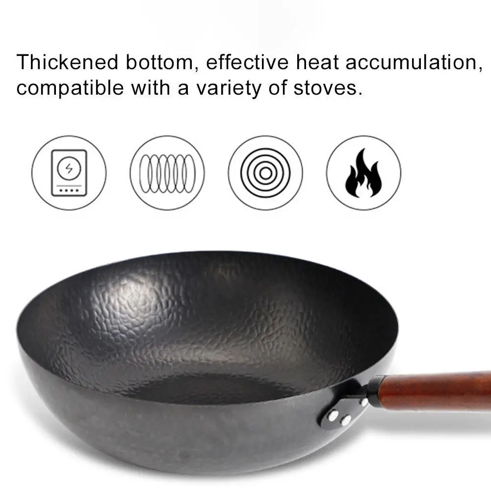 

32cm Metal Uncoated Non-stick Wooden Handle Kitchen Restaurant Fry Pan Cookware Kitchen Tools Accessories Easy Clean
