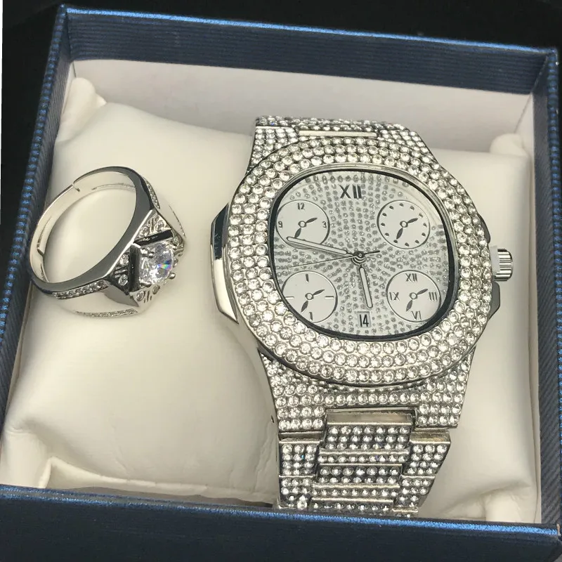 Роскошные мужские часы хип хоп Ice out кубинские и кольцо комбо набор регулируемое