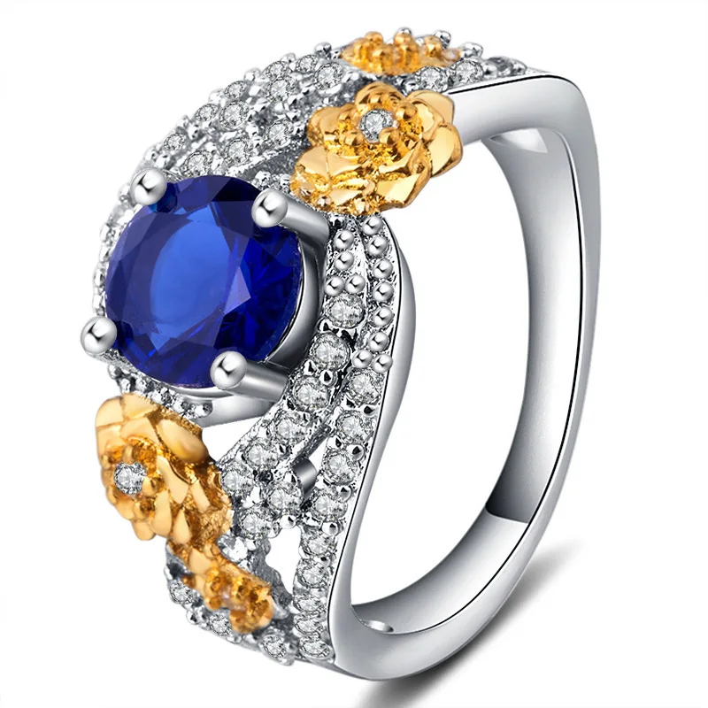 

Mifeiya Classic Silver Color Engraving Golden Flower Floral Inlaid Blue Crystal Zircon Rhinestone Ring for Women Party Jewelry