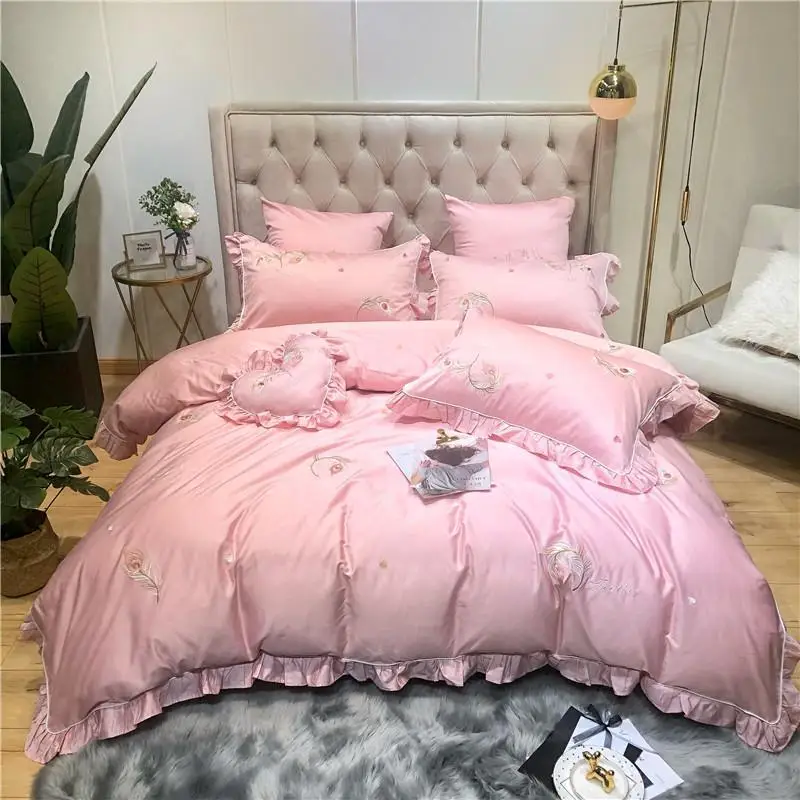 

J2 J/7Pcs pink luxury Egyptian cotton bedding set queen king bed set feather embroidery duvet cover bed sheet set pillowcase