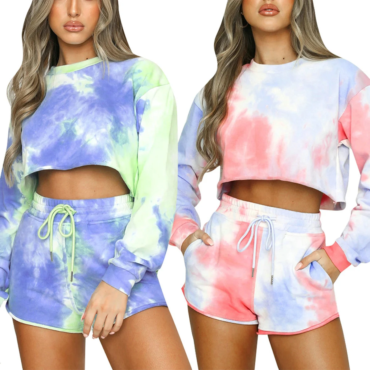 

Women color Dye tracksuit set Elegant Sexy long sleeve+short pants Two Piece Set Female Outfits 2020 Summer Fashion Casual Suit