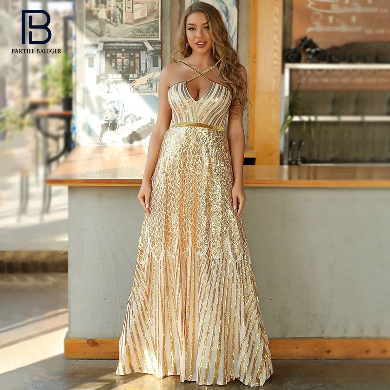 

PB Chic Gold Sequins Long Dress Sexy V Neck Backless Cross Design Celebrity Party Club Vestido Free Shipping