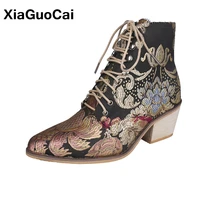 autumn winter womens ankle boots colorful ethnic style embroidered shoes plus size woman shoes high heels pointed toe footwear
