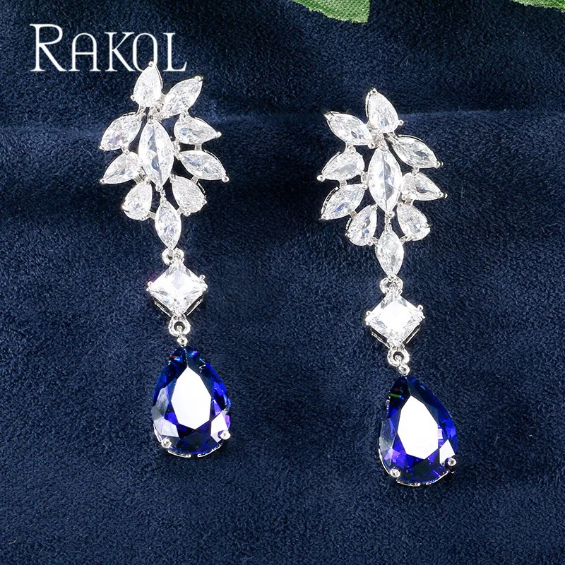 Женские блестящие висячие серьги RAKOL с синими каплями циркония AAA модные