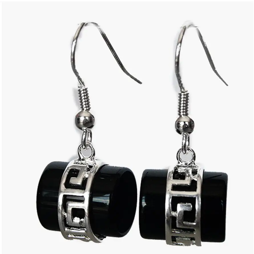 

VINTAGE HANDMADE NATURAL BLACK Natural jade 925 SILVER HOOK EARRINGS 1 1/5"