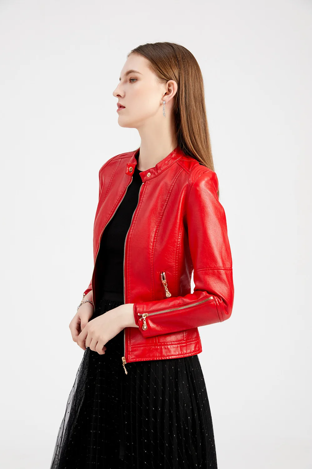 2021 new fashion women's leather jacket PU leather jacket stand collar jacket women's spring and autumn thin leather jacket