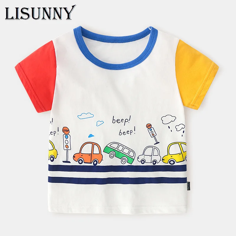 

LISUNNY От 1 до 6 лет футболка для мальчиков 2021 Новая летняя детская мультяшная машина короткий; Длина рукава; Ширина плеч футболка для малышей Д...