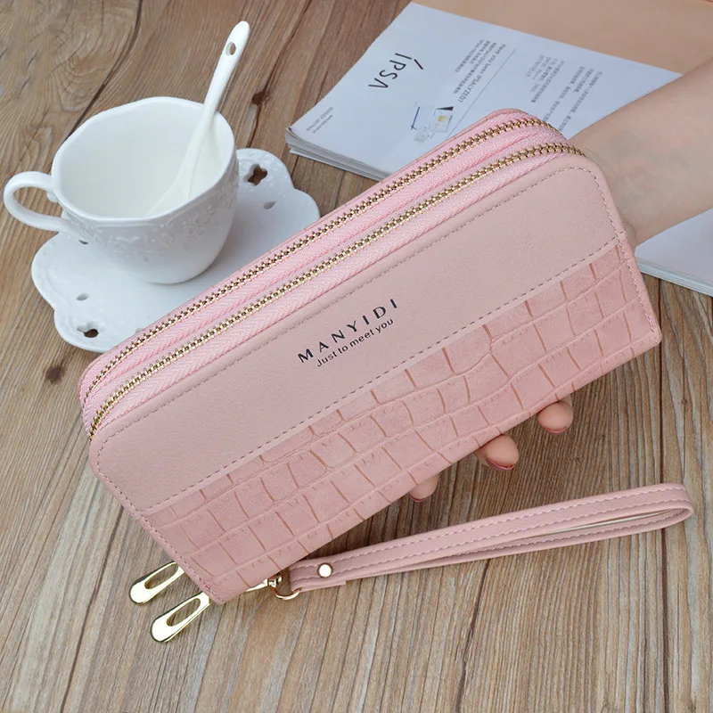 double zipper women wallets long crocodile pattern coin purses female letter pu leather solid color card holder clutch phone bag free global shipping