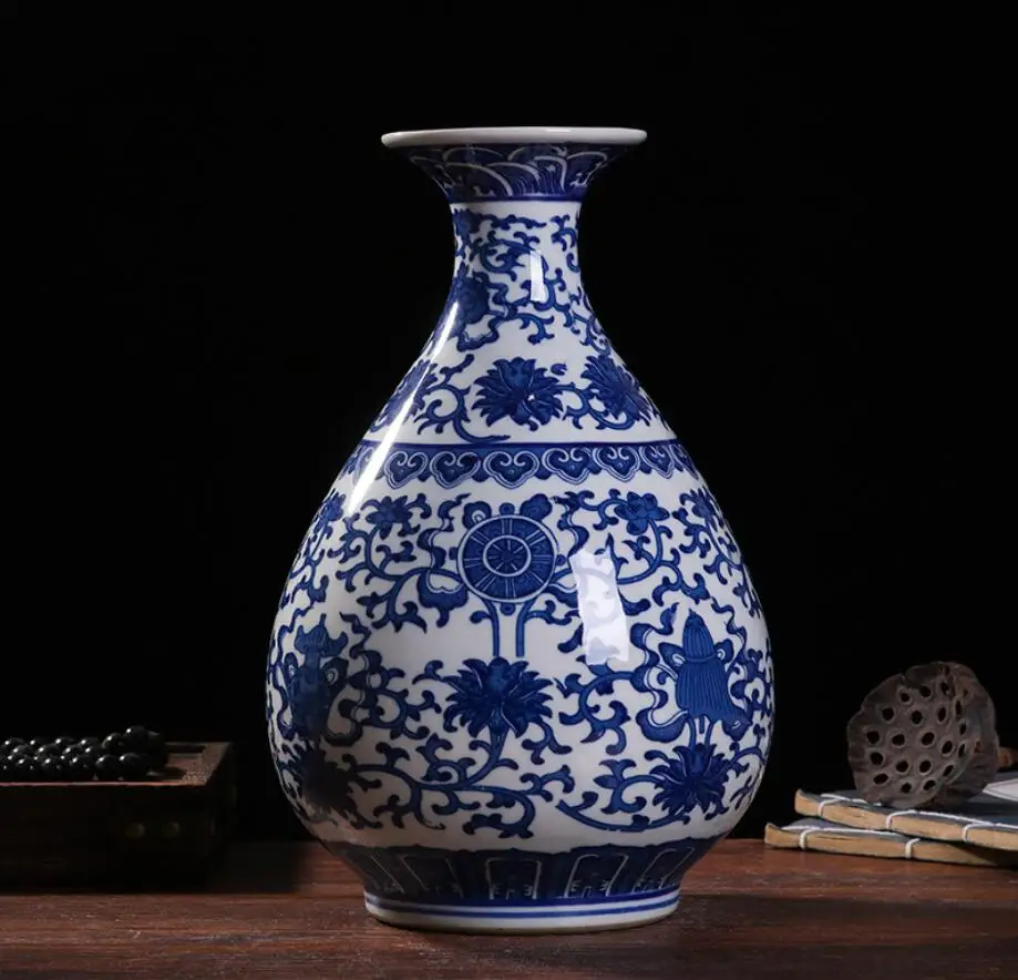 Керамическая ваза в китайском стиле сине белая фарфоровая антикварная для