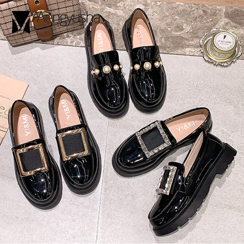 Patent leather creppers pearl studs oxford shoes women slip on flat loafers british crystal/metal square buckle pu | Обувь