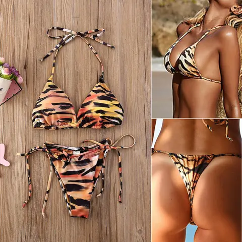Swimwear Women Sexy Two Pieces Bikini Set Swimsuit Bathing Suit New Tiger Skin Print Halter Lace-up Bikini Set Beachwear biquini