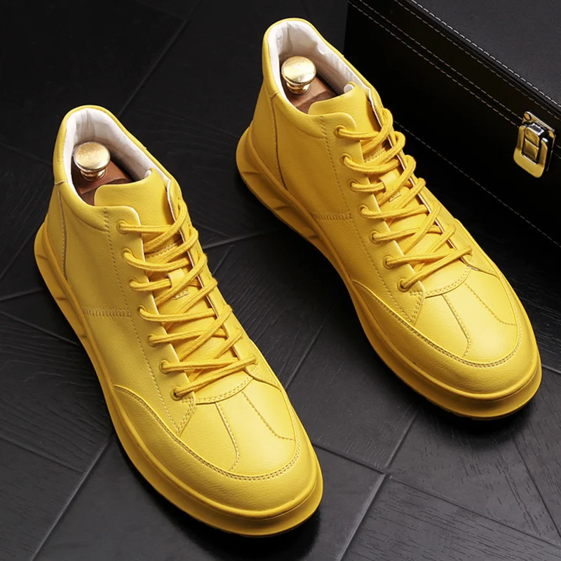 Korean fashion men's boots cow leather shoes flats shoe platform boot black white yellow ankle botas masculinas botines hombre