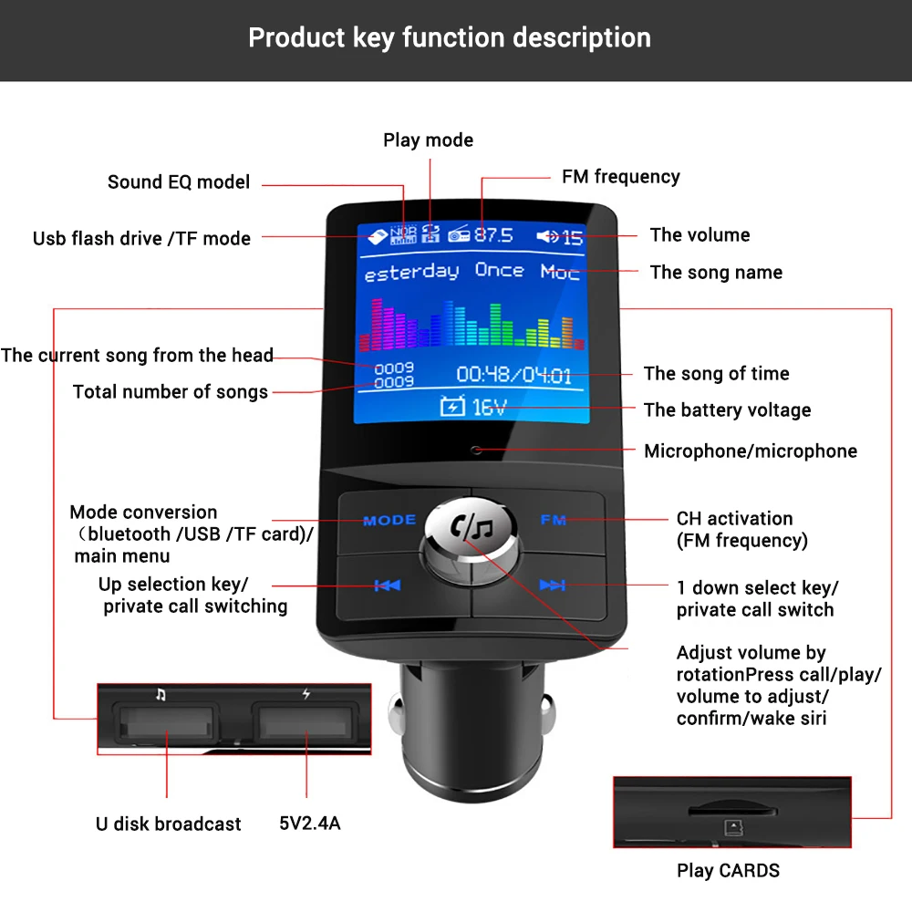 Автомобильный MP3-плеер, Bluetooth, fm-передатчик, Aux In 5EQ, музыка, 1,77 дюйма, ЖК-дисплей, Bluetooth 4,2, гарнитура, автомобильный комплект, 2-USB зарядное устройство, поддержка TF карты