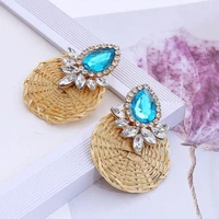 boho women rhinestone rattan round geometric dangle ear stud earrings jewelry