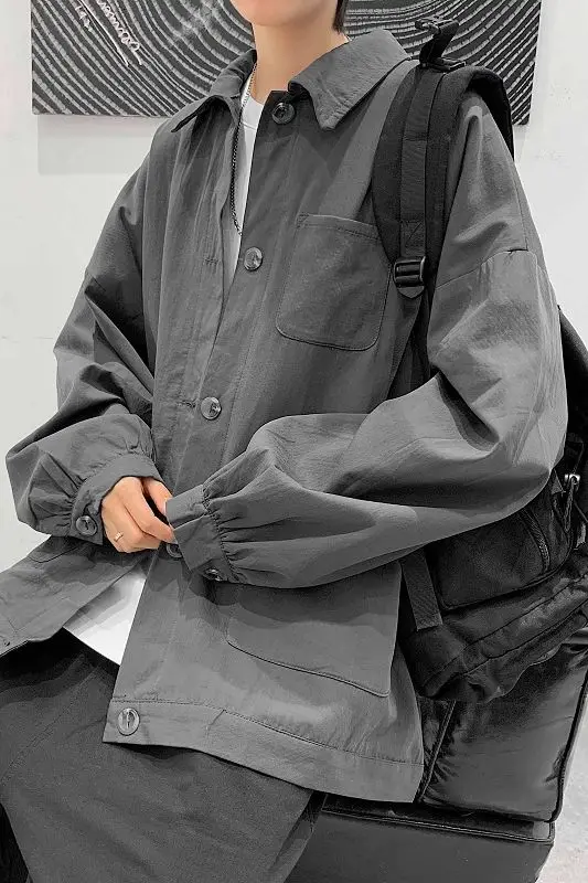 

2020 Spring And Autumn New Youth Fashion Men's Loose Solid Color Korean Style Multi-pocket Single-breasted Jacket Black/grey