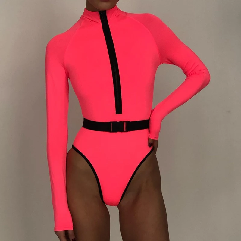 Sexy Zipper Long Sleeve Women Swimwear One Piece Swimsuit Female High Cut Monokini WaistBand Bather Bathing Suit Swim Bodysuit