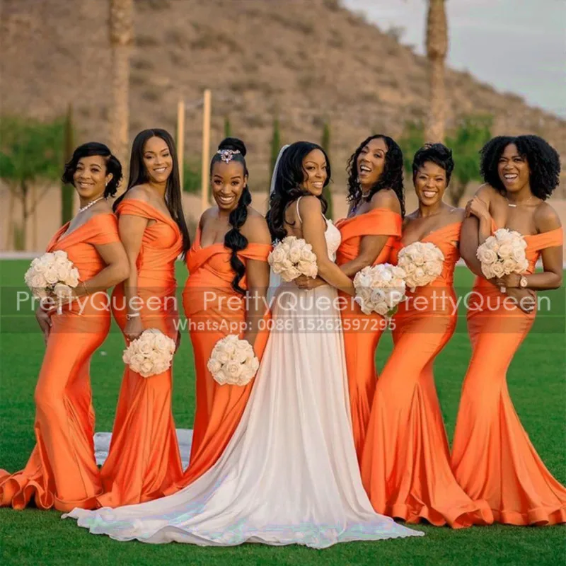 

Promotion Orange Bridesmaid Dresses 2021 Long Floor Length Pleat Mermaid African Women Maid Of Honor Dress Wedding Party