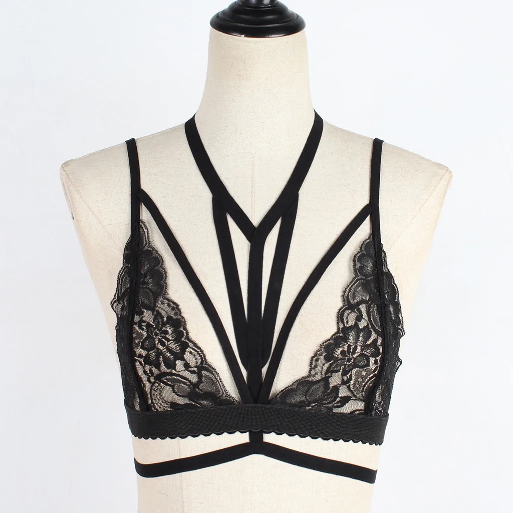 

Top Female Crop Top Sexy Women Lace Hollow Out Elastic Cage Bra Bandage Strappy Halter Vest Bustier Top Ropa Mujer Debardeur Ft