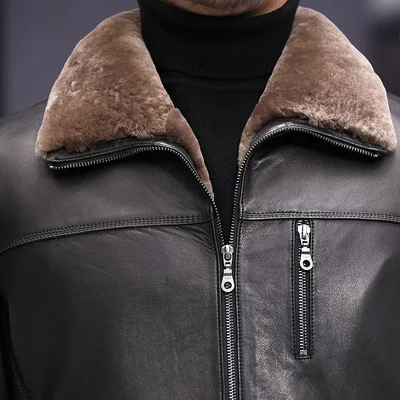 

Fur-in-one wool liner leather jacket men's leather top layer cowhide jacket men's thick lapel jacket