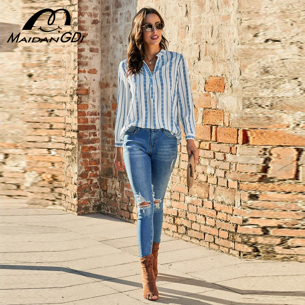 

MAIDANGDI женская новая рубашка 2020 осенний полосатый Свободный пуловер с v-образным вырезом Летний топ женские блузки размера плюс винтажная од...