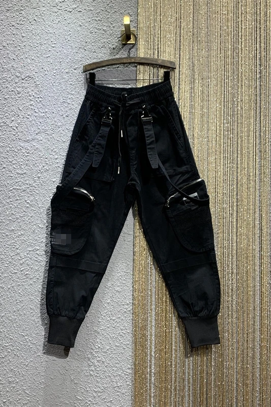

2021 Spring and Autumn Elastic High Waist Loose Pants Women Straight Cargo Pocket Casual Trousers Female Handsome Overalls