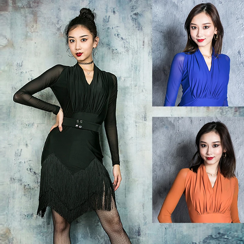 Женское платье с бахромой черное для латиноамериканских танцев модель