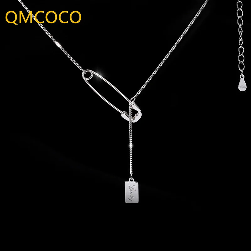 

QMCOCO Korean INS 925 Silver Geometry Shape Necklace For Women Classic Trendy Creative Woman Pin Clavicle Chain Jewelry Gifts