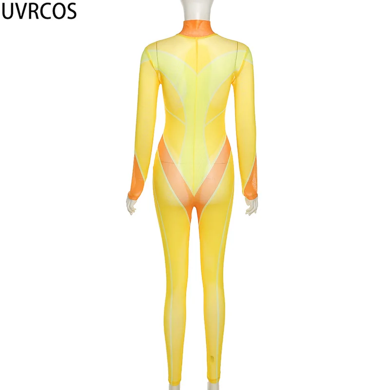 

UVRCOS Clothes Vendors For Women 2021 Y2k Fashion Party Midnight Jumpsuits See Through Mesh Skinny Striped Print Zipper Overalls